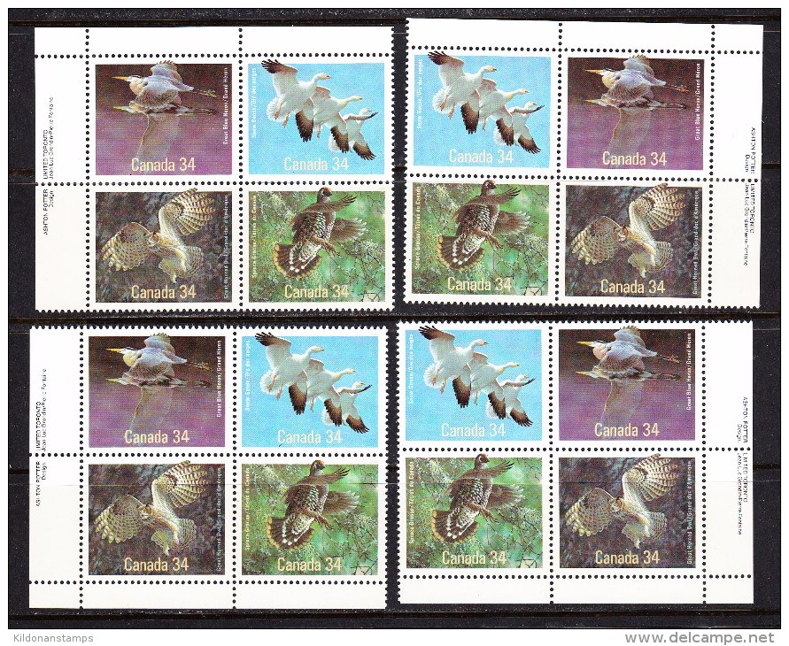 Canada 1986 Birds, Corner Plate Blocks, Mint No Hinge, Sc# 1095a - Autres & Non Classés