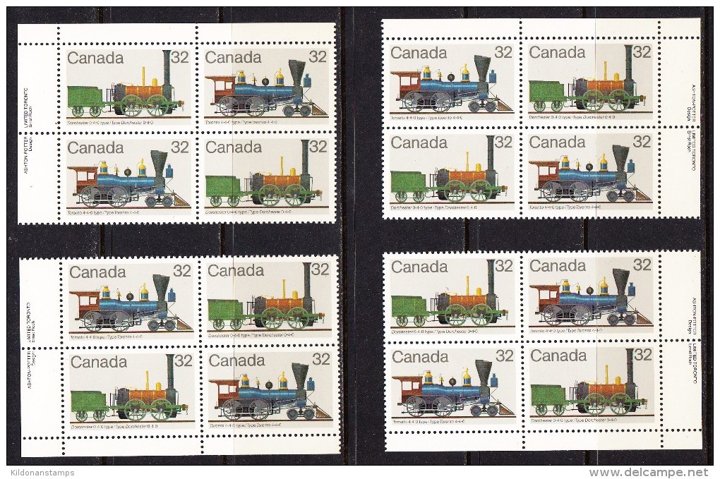 Canada 1983 Trains, Corner Plate Blocks, Mint No Hinge, Sc# 1001 - Trenes