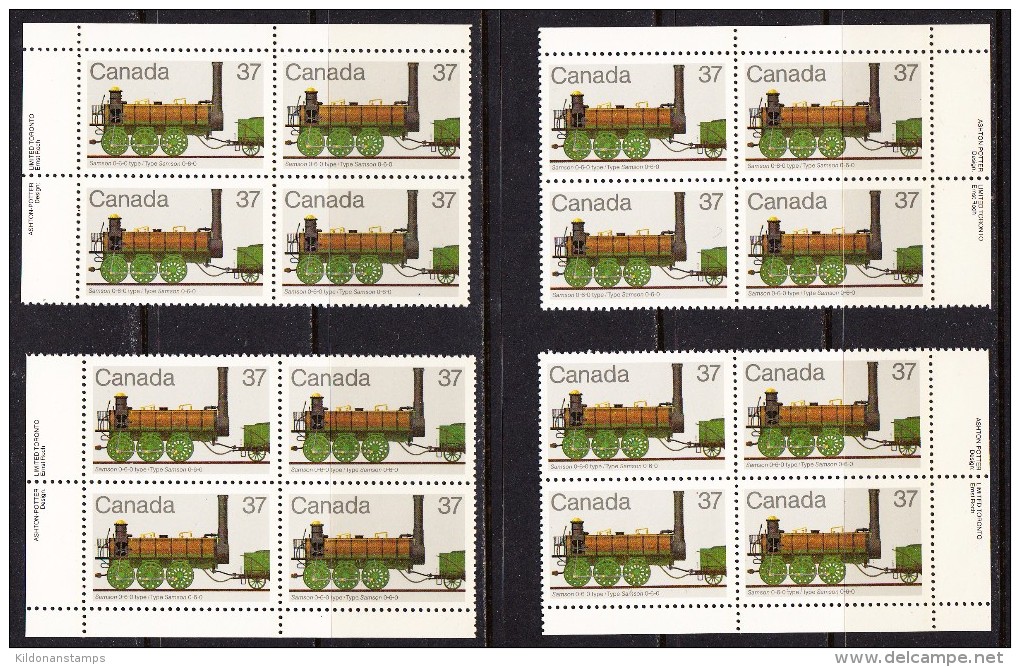 Canada 1983 Trains, Corner Plate Blocks, Mint No Hinge, Sc# 100oa - Trenes