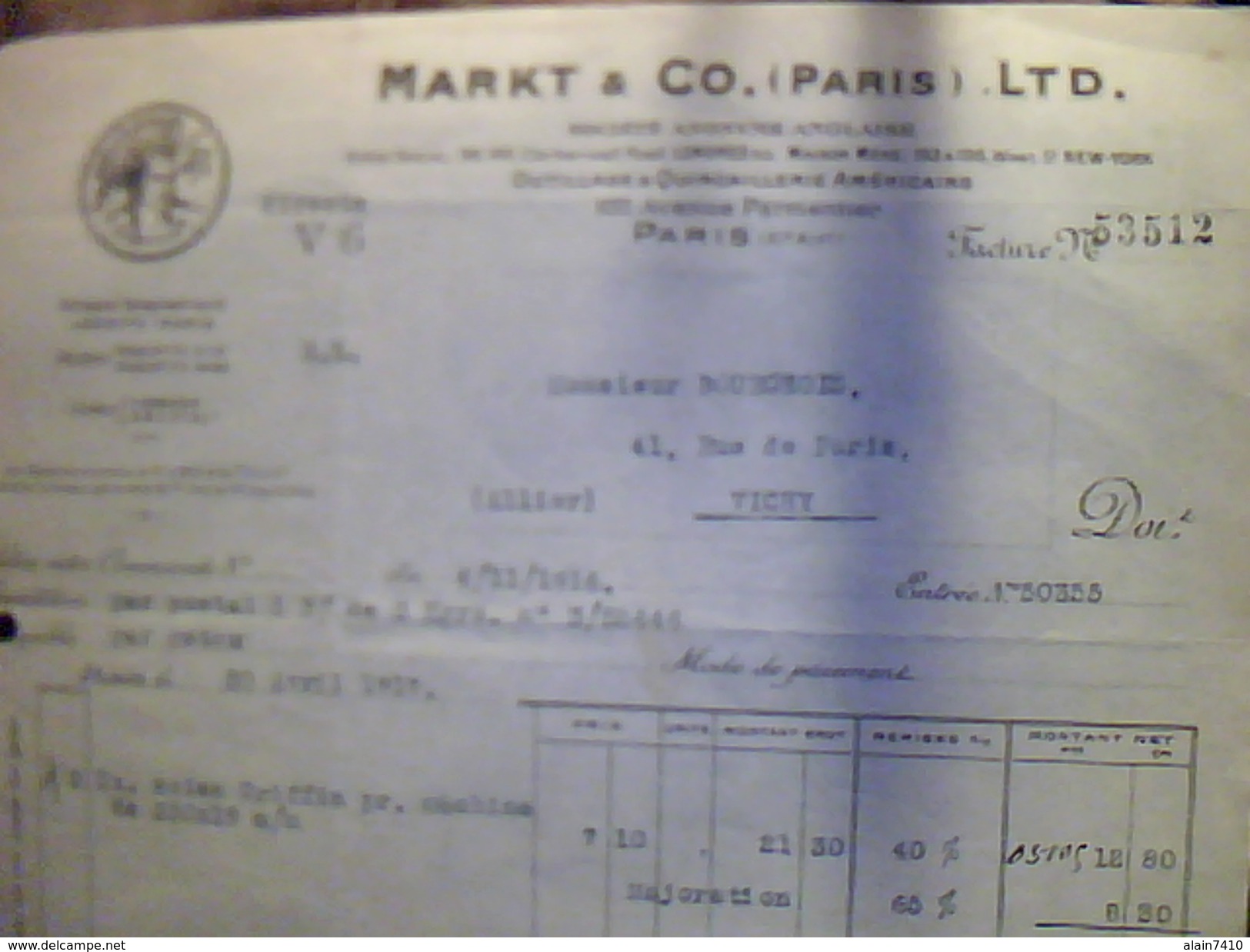 Vieux Papiers Facture Outillage Et Quincaillerie Americains Markt Et Co Paris Av Parmentier Annee 1966 - United States