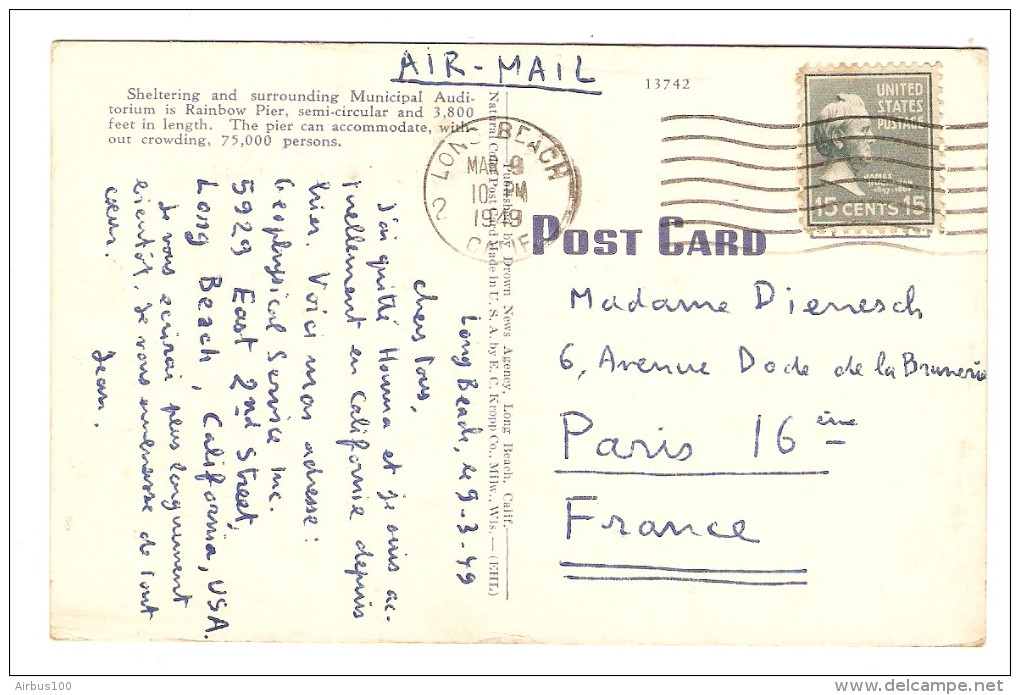 USA LONG BEACH MUNICIPAL AUDITORIUM - 9/3/1949 POUR PARIS FRANCE - 2 Scans - - Long Beach