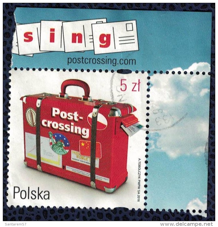 Pologne 2016 Oblitéré Used Postcrossing Valise Rouge Voyage Coin De Feuille - Gebraucht