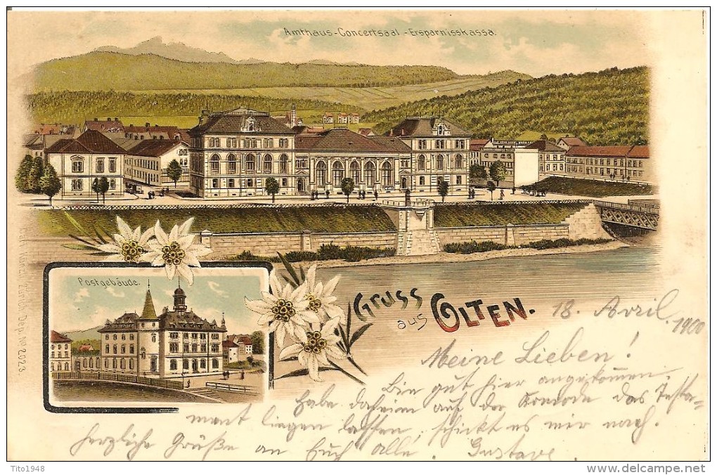 Schweiz, 1900, Gruss Aus Olten, Litho, Postgebäude, Concertsaal, Amtshaus, Ersparnisskasse, Nach Densbüren Siehe Scans! - Büren An Der Aare