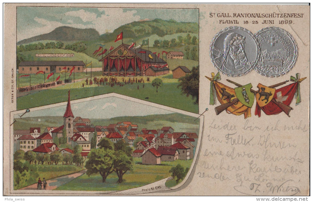 St. Gall. Kantonal-Schützenfest Flawil 18.-25. Juni 1899 - Farbige Litho Geser & Co.  - Von Flawil Nach St. Fiden - Flawil
