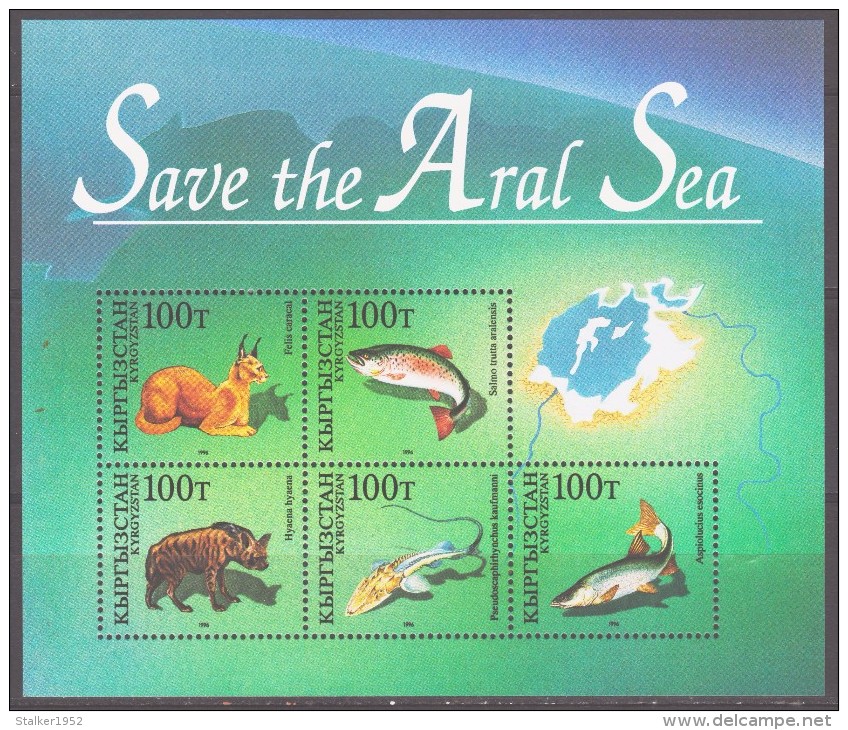 Kazakhstan 1996 Kasachstan Mi Block 4(118-122) Save Fauna Aral Sea: Caracal. Hyena. Trout. Fishes **/MNH - Kasachstan