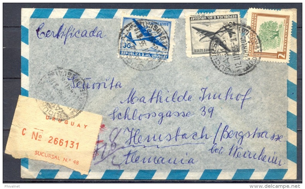 1955 , URUGUAY , CERTIFICADO CIRCULADO A HEMSBACH , LLEGADA AL DORSO , ETIQUETA DE CERTIFICADO , CORREO AÉREO - Uruguay