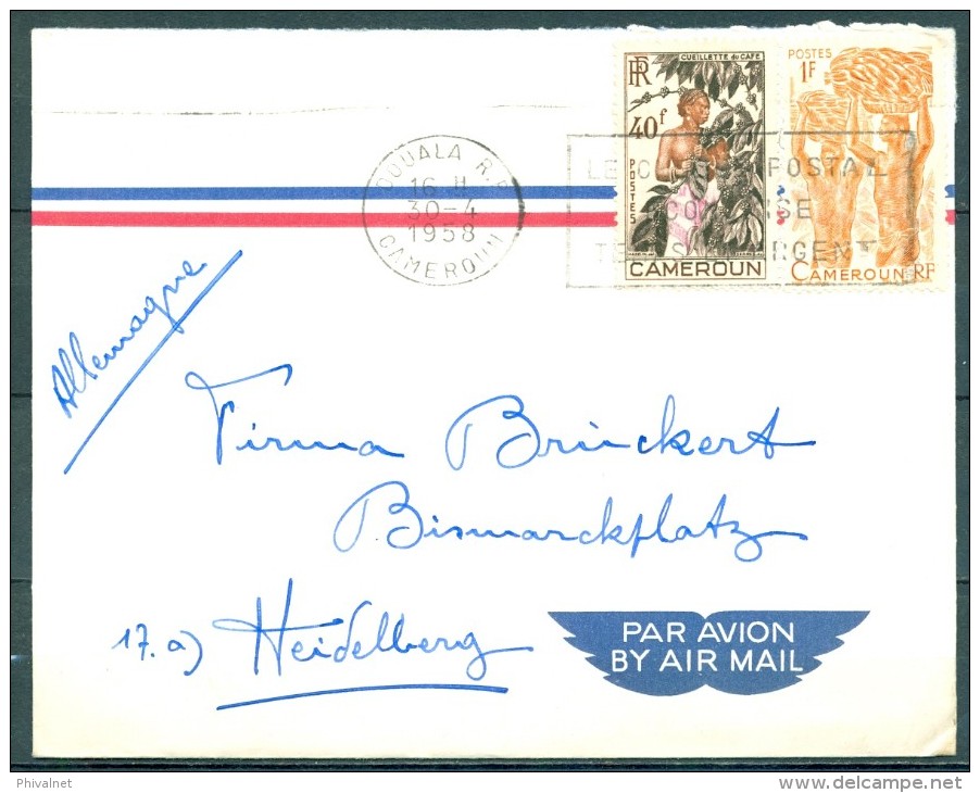 1958 , CAMERÚN , SOBRE CIRCULADO ENTRE DOUALA Y HEIDELBERG , CORREO AÉREO , YV. 282 , 299 - Lettres & Documents