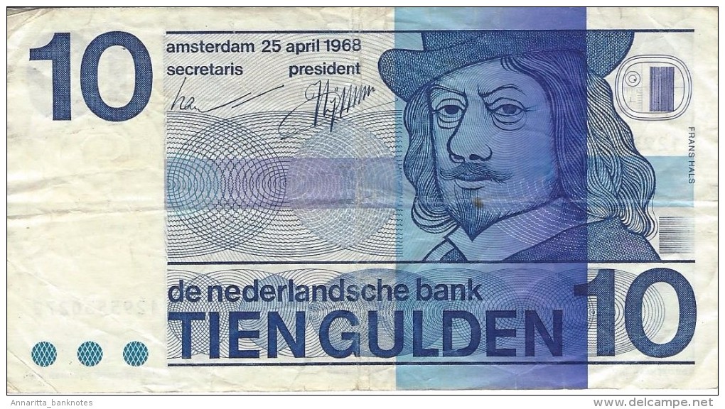 NETHERLANDS 10 GULDEN 1968 P-91b F/VF PLAIN BULLSEYE [ NL091b ] - 10 Florín Holandés (gulden)