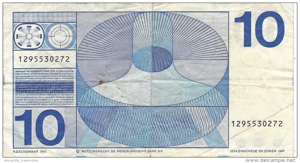 NETHERLANDS 10 GULDEN 1968 P-91b F/VF PLAIN BULLSEYE [ NL091b ] - 10 Florín Holandés (gulden)