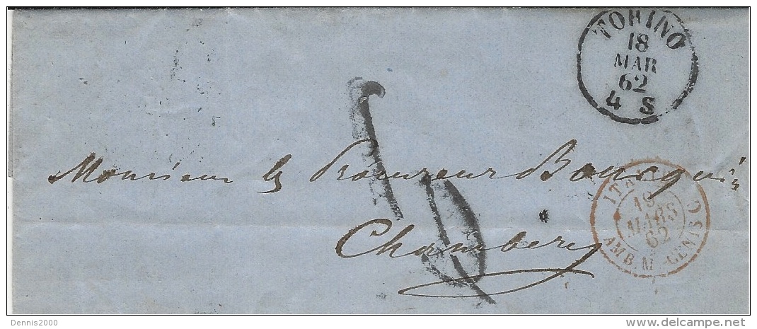 1862- Lettre En Port Du De TORINO Pour Chambéry - Taxe 6 D. Sarde Entrée AMB. M  Cenis C - Marcophilie