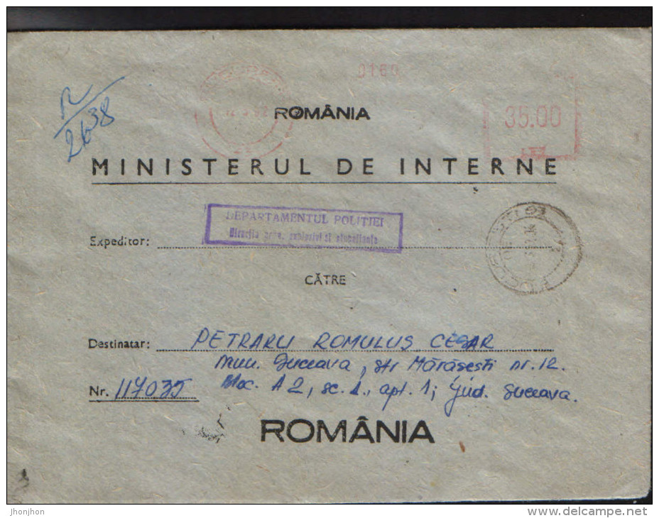 Romania- Official Letter 1992 From The Interior Ministry, Police Department, Direction Weapons, Explosives And Narcotics - Machines à Affranchir (EMA)