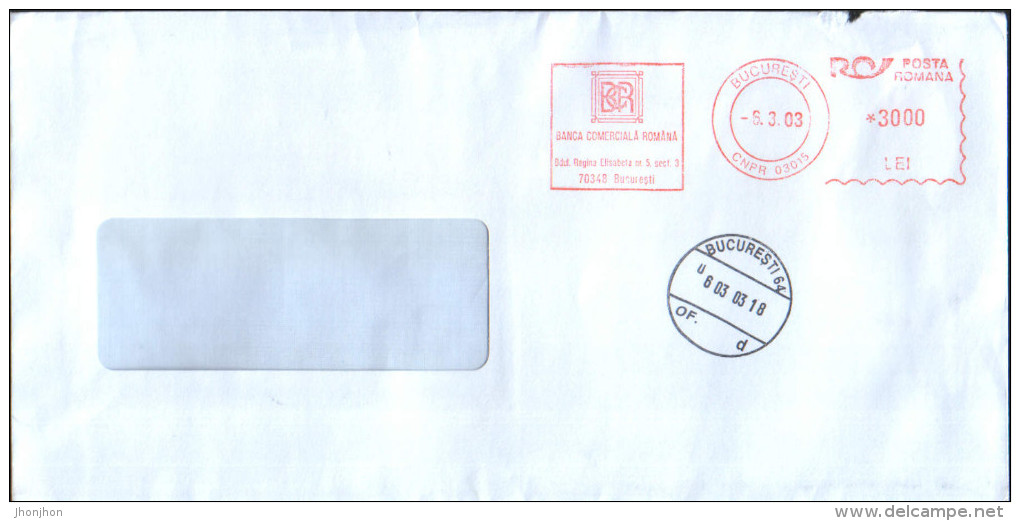 Romania - Envelope From Romanian Commercial Banki Circulated In 2003, With Machine Stamp - Maschinenstempel (EMA)