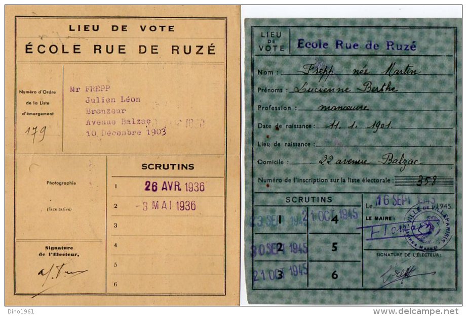 VP5527 - Ville De VILLEPARISIS - Carte D'Electeur X 2 - Mr & Mme FREPP - Andere & Zonder Classificatie