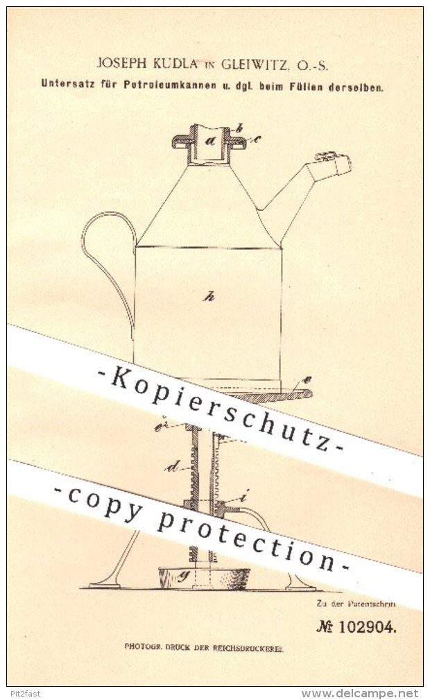 Original Patent - Joseph Kudla In Gleiwitz , 1898 , Untersatz Für Petroleumkannen , Petroleum , Öl , Kanne , Brenner !! - Historische Dokumente