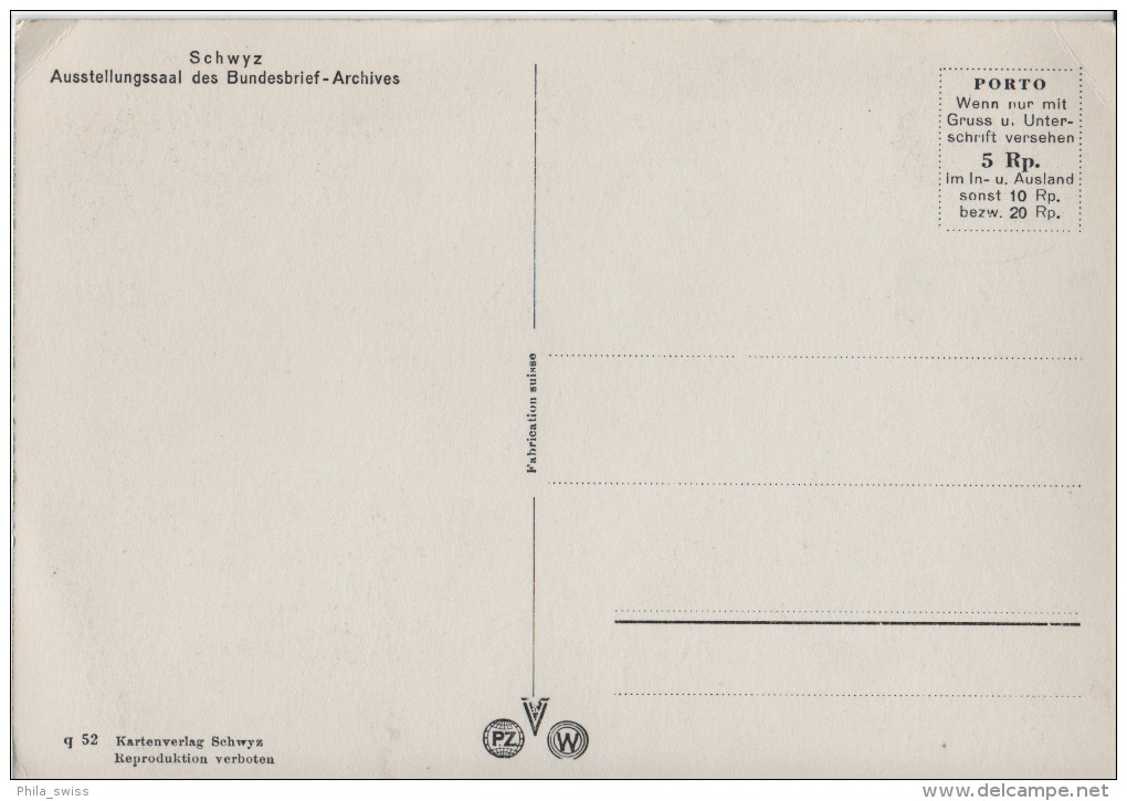 Schwyz - Ausstellungssaal Des Bundesbrief-Archives - Photo: Kartenverlag Schwyz No. Q52 - Autres & Non Classés