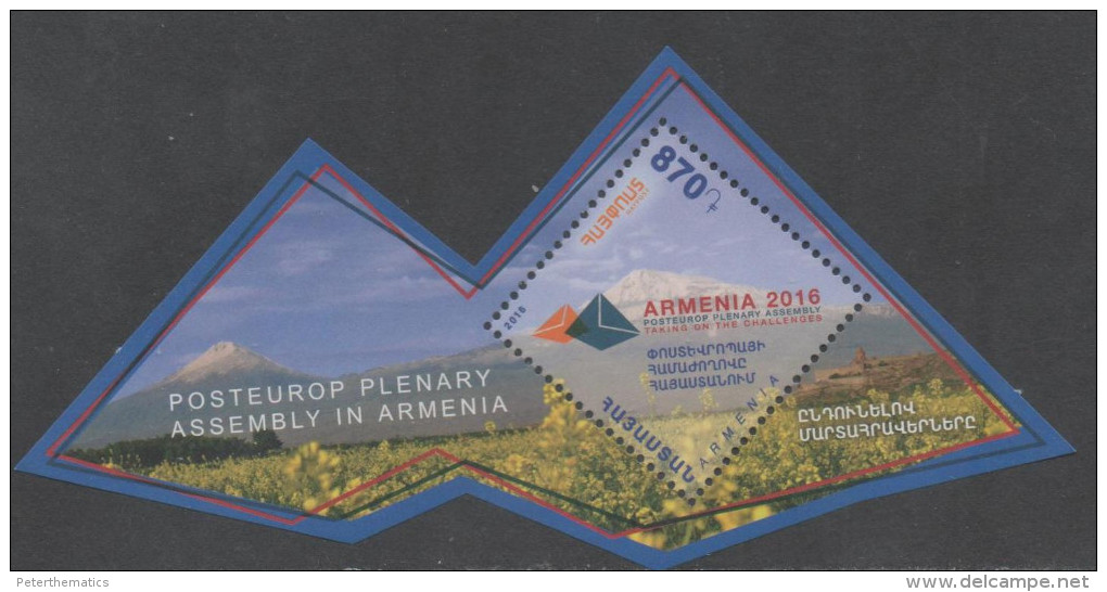 ARMENIA, 2016, MNH,POSTEUROP PLENARY ASSEMBLY IN ARMENIA, MOUNTAINS, FLOWERS, SHAPED  S/SHEET - Autres & Non Classés