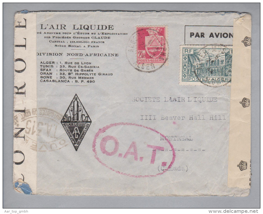 Algerien 1944-03-23 Alger-Plustapha Doppelzensur O.A.T. Luftpostbrief Nach Montreal Kanada - Algérie (1962-...)