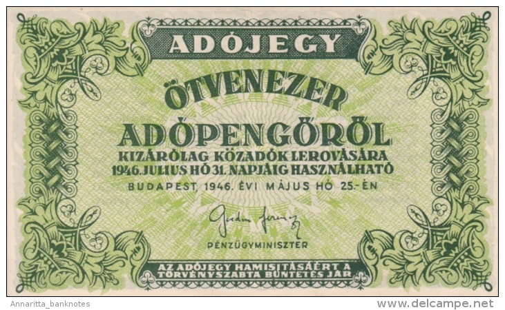 HUNGARY 50000 ADÓPENGÖ 1946 P-138c UNC WITHOUT WATERMARK & SERIAL [ HU138c ] - Hungary