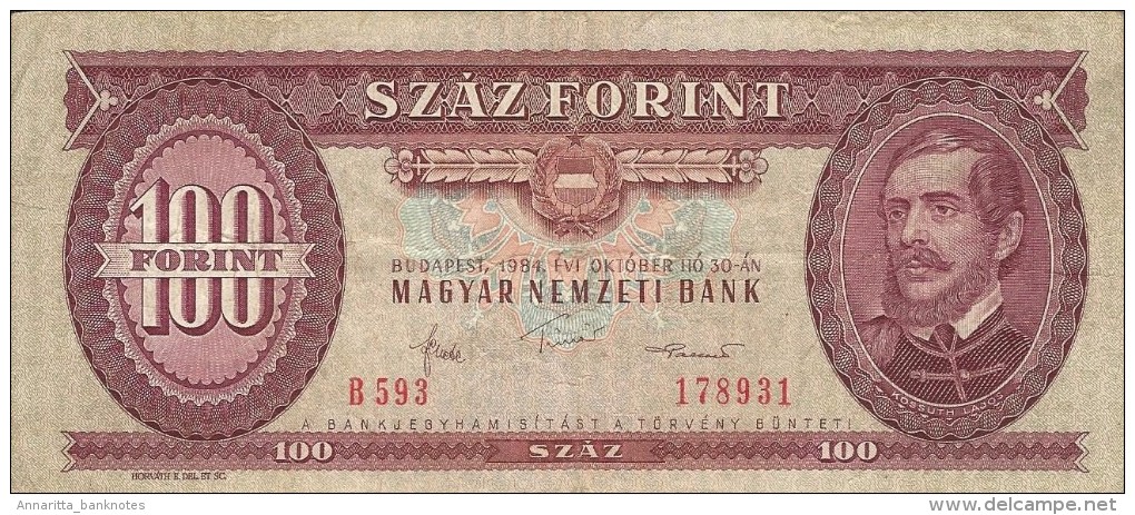 HUNGARY 100 FORINT 1984 P-171g VF PREFIX B593 [ HU171g ] - Hungary