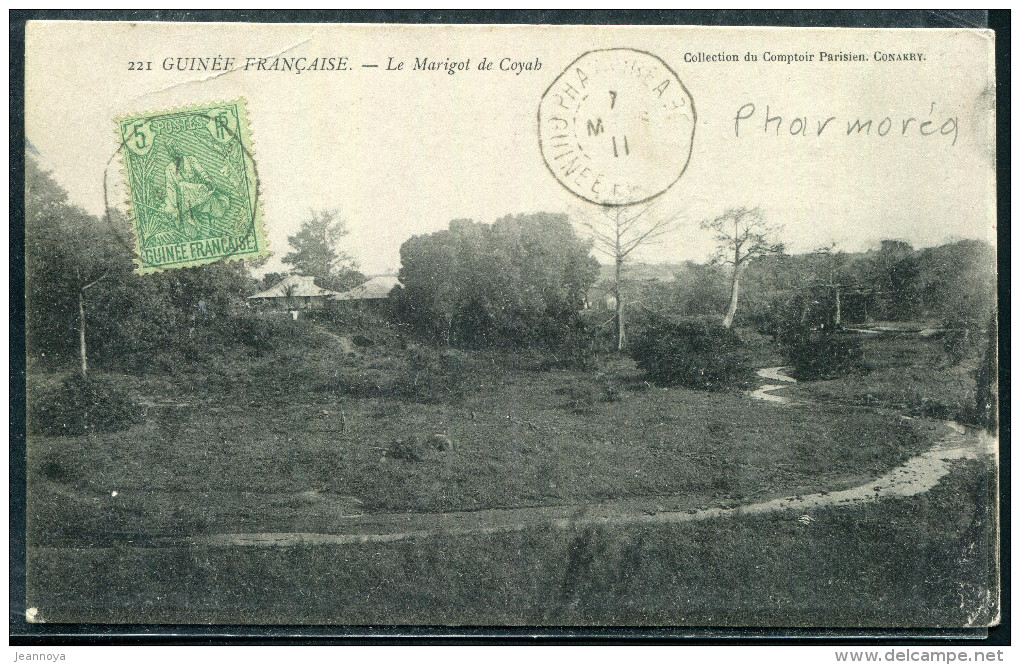 GUINÉE FRANCAISE - N° 21 / CPA LE MARIGOT DE COYAH , OBL. PHARMORÉA LE 7/3/1911 , POUR PARIS - TB - Other & Unclassified