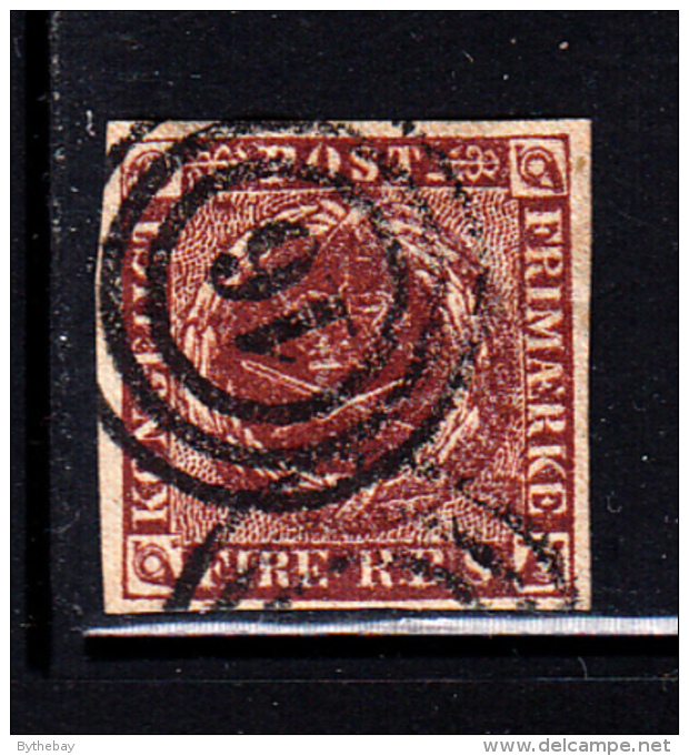 Denmark Used Scott #2 4rs Royal Emblems, Brown  Cancel: 3-ring '16' - Used Stamps