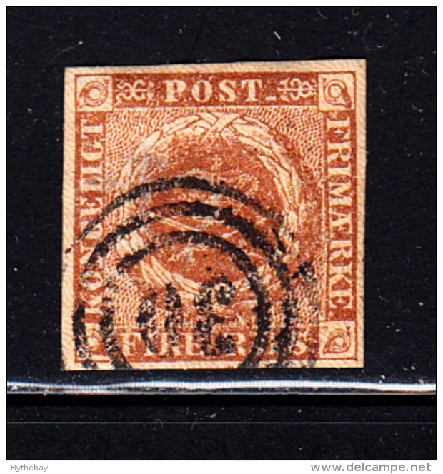 Denmark Used Scott #2b 4rs Royal Emblems, Yellow Brown  Cancel: 3-ring '30' - Used Stamps