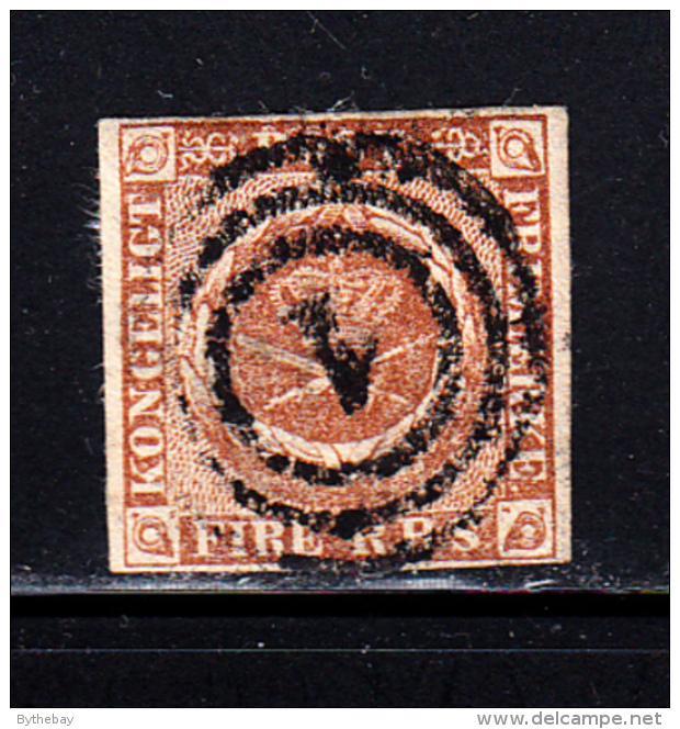 Denmark Used Scott #2b 4rs Royal Emblems, Yellow Brown  Cancel: 3-ring '1' - Used Stamps