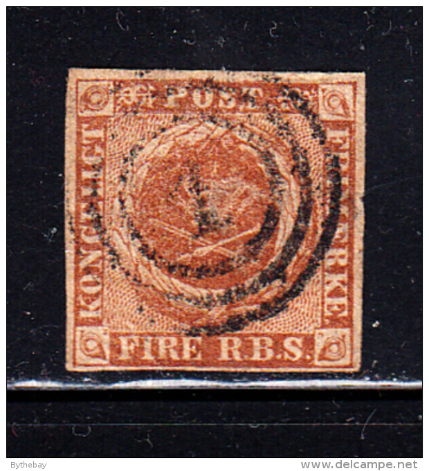 Denmark Used Scott #2b 4rs Royal Emblems, Yellow Brown  Cancel: 3-ring '1' - Used Stamps