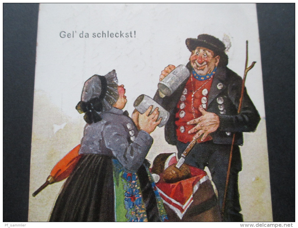 Künstler AK 1925 Gel' Da Schleckst! Alte Dame Und Herr Trinken Ein Bier. Trachten / Brotzeit - 1900-1949