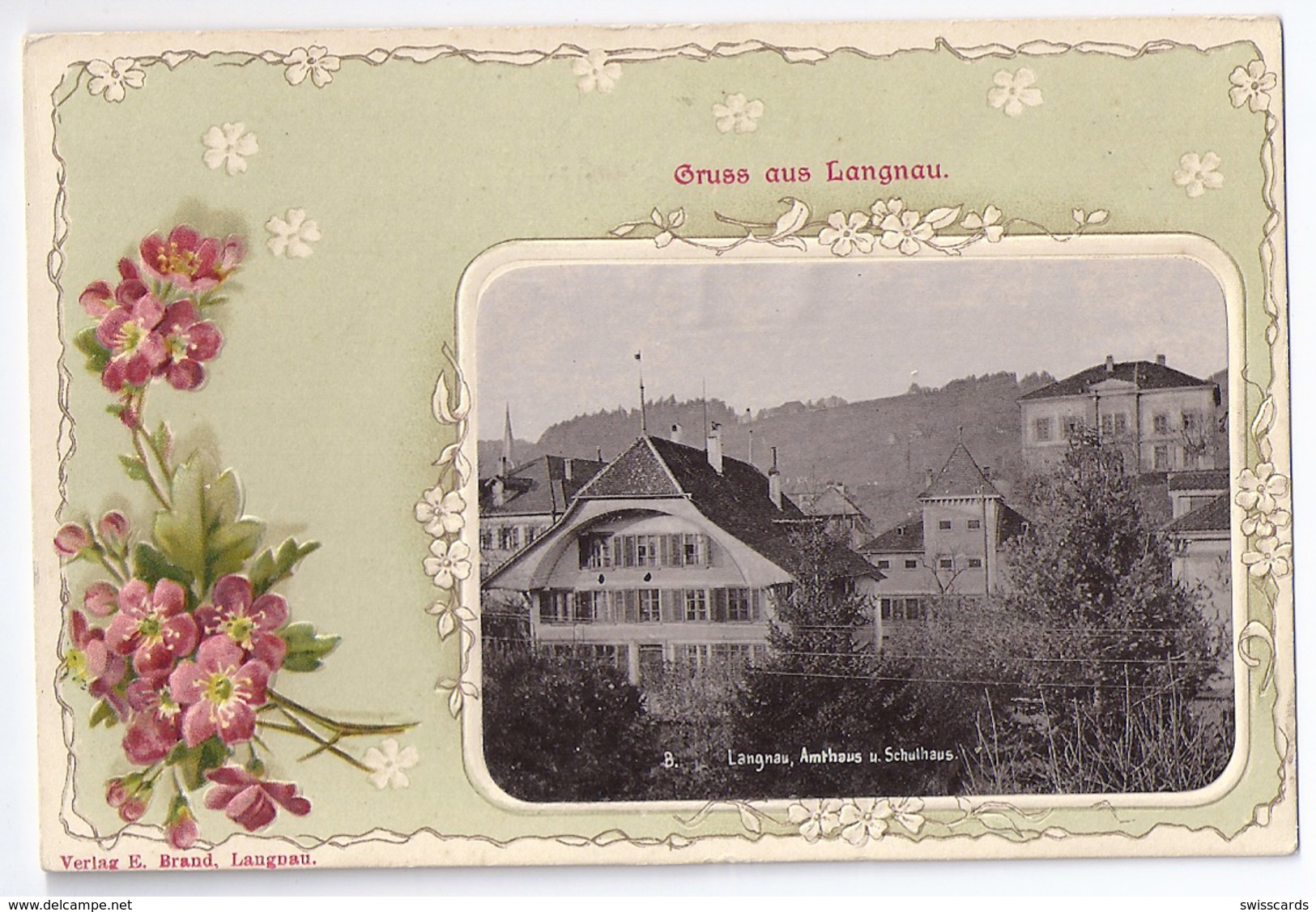 LANGNAU: Präge-AK Mit Echt-Foto Amts- Und Schulhaus ~1900 - Langnau Im Emmental