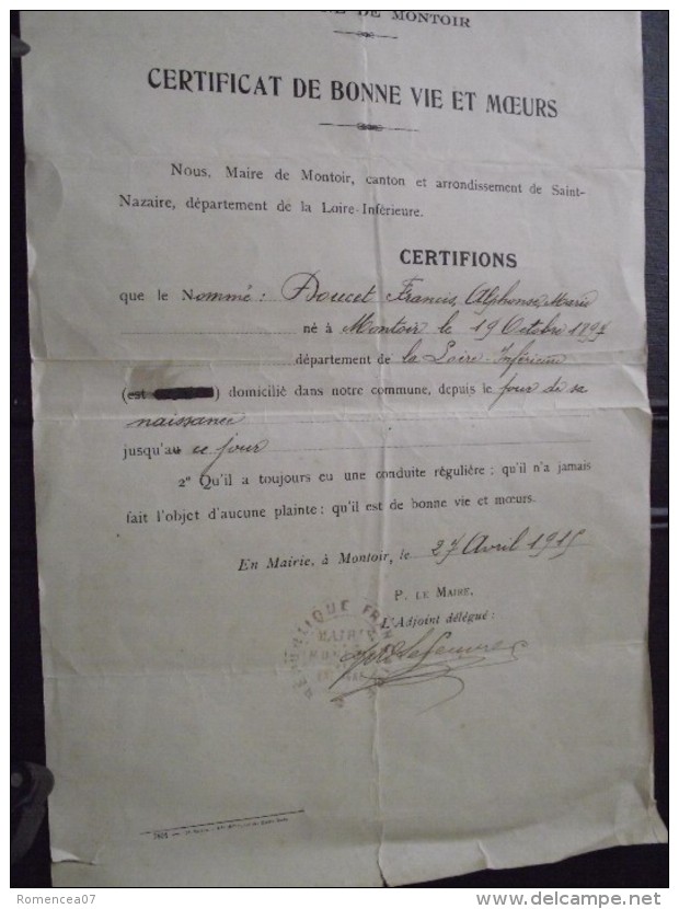 MONTOIR-de-BRETAGNE (Loire-Atlantique) - CERTIFICAT De BONNE VIE Et MOEURS - 27 Avril 1915 - A Voir ! - Historical Documents