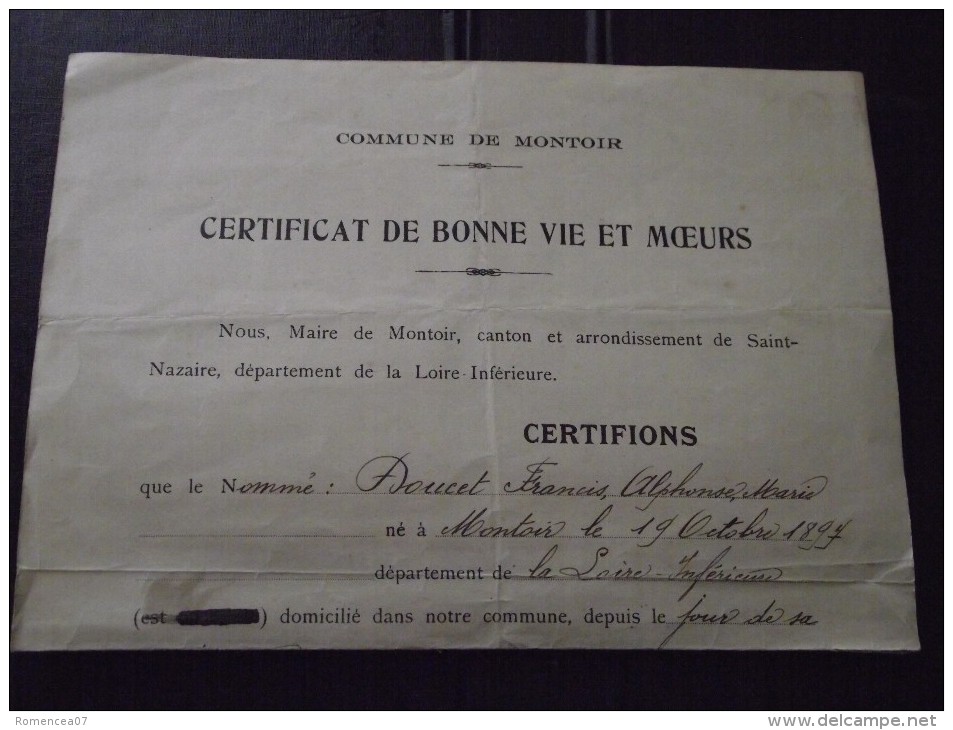 MONTOIR-de-BRETAGNE (Loire-Atlantique) - CERTIFICAT De BONNE VIE Et MOEURS - 27 Avril 1915 - A Voir ! - Historical Documents