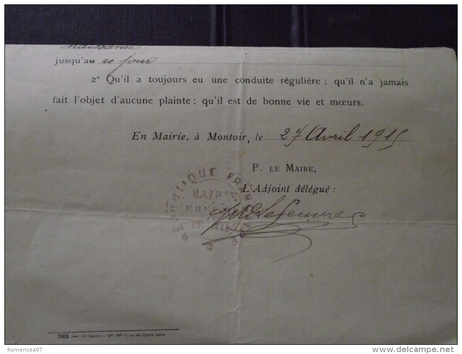 MONTOIR-de-BRETAGNE (Loire-Atlantique) - CERTIFICAT De BONNE VIE Et MOEURS - 27 Avril 1915 - A Voir ! - Documents Historiques