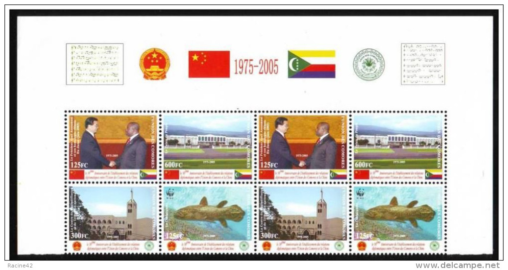 Union Des COMORES / CHINE 1975-2005  - WWF - Fish - Le Coelacanthe - BLOC FEUILLET COMPLET - Comores (1975-...)