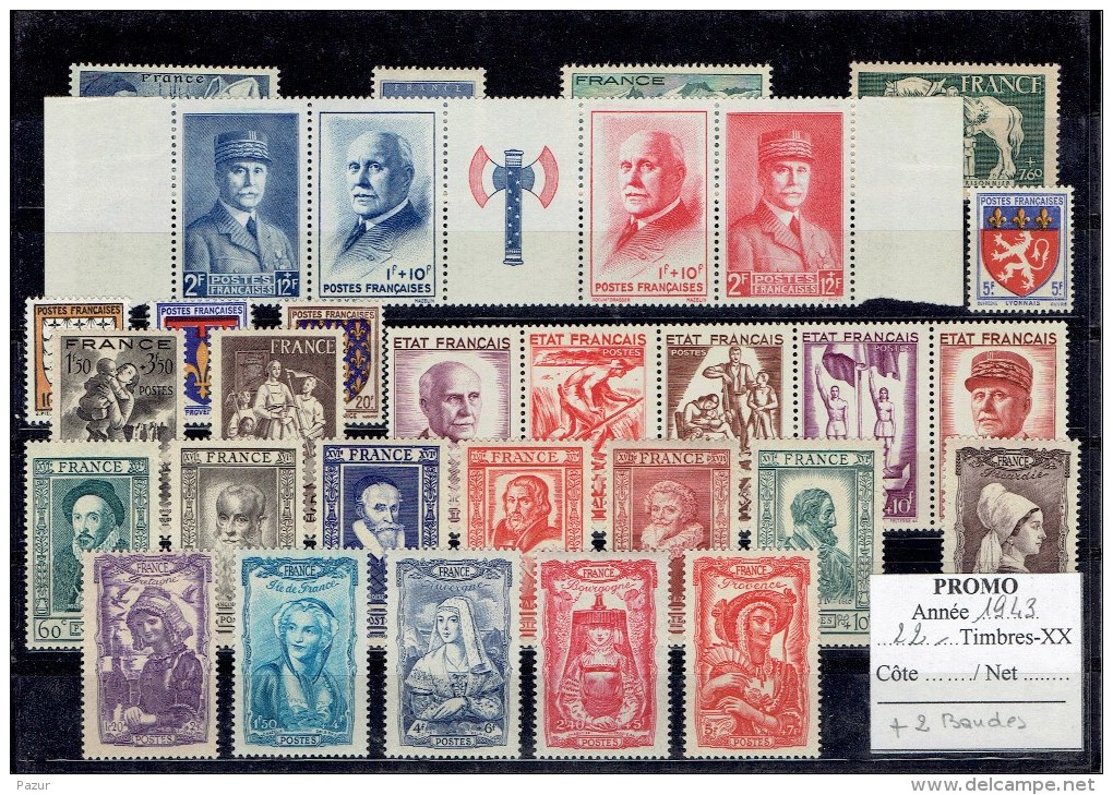 FRANCE ANNEE COMPLETE 1943 - 22 TP + 2 BANDES - XX - 1940-1949