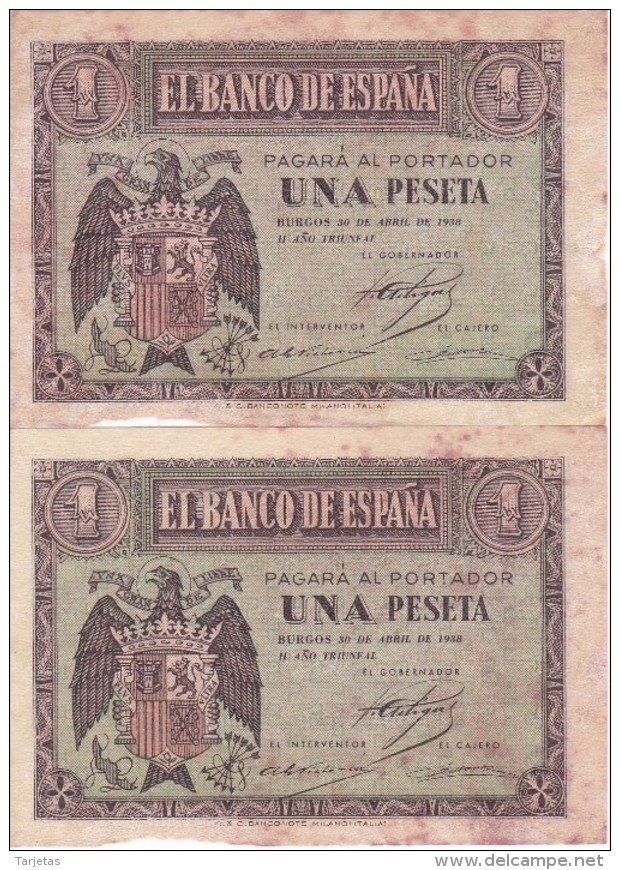 PAREJA CORRELATIVA DE 1 PTA DEL 30 ABRIL 1938 SERIE D SIN CIRCULAR PERO DESCUIDADAS  (BANKNOTE) - 1-2 Pesetas