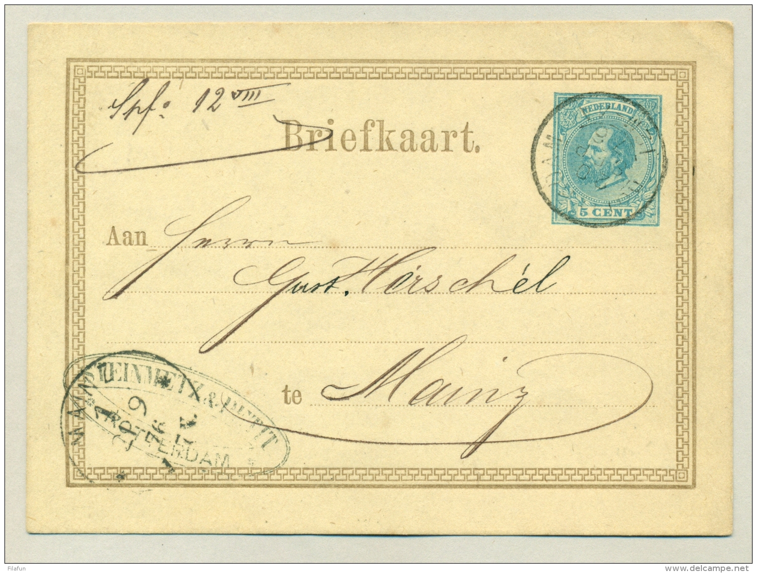 Nederland - 1876 - 5 Cent Willem III - Briefkaart G11 - Van Rotterdam Naar Mainz - Postwaardestukken