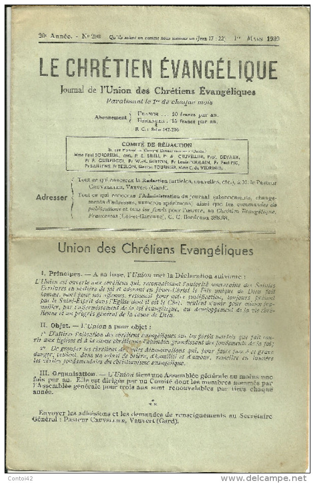 JOURNAL LE CHRETIEN EVANGELIQUE 1939 RELIGION PASTEUR CRUVELLIER VAUVERT GARD - Religion & Esotérisme