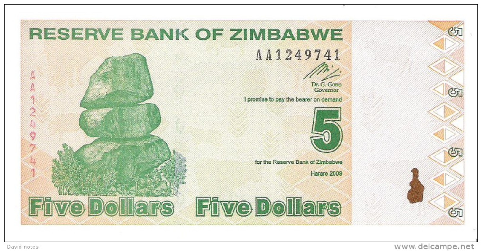 Zimbabwe - Pick 93 - 5 Dollars 2009 - Unc - Zimbabwe