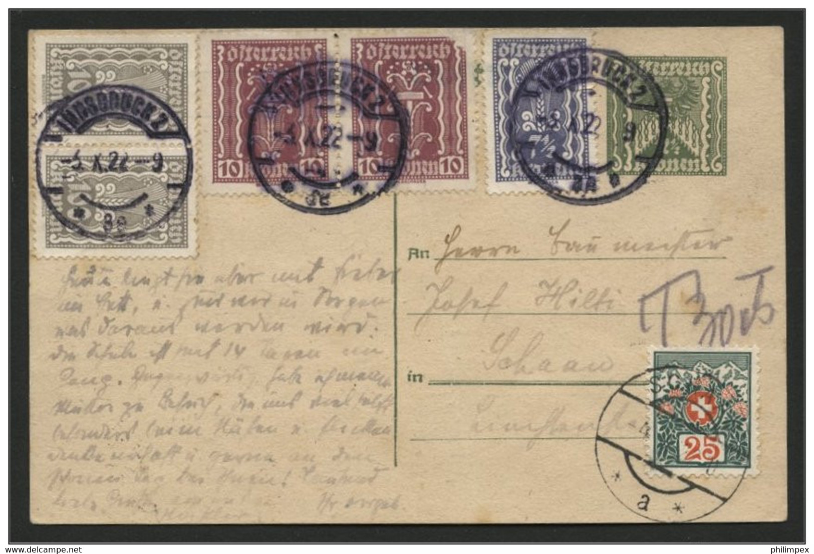 LIECHTENSTEIN, POSTCARD FROM AUSTRIA UNDERFRANKED, 25 SWISS POSTAGE DUE STAMP, CANCEL SCHAAN - ...-1912 Prephilately