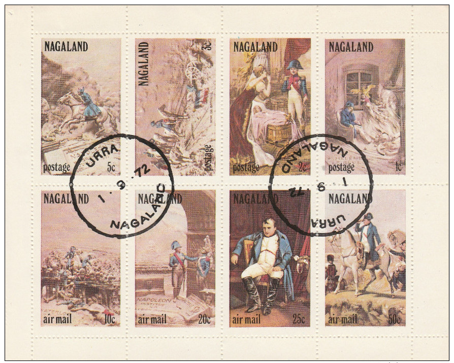 10 FEUILLETS DE 8 TBRES NAGALAND NON COTES, OBLITERES, FLEURS, SPORTS,TABLEAUX, NAPOLEON, VOITURES, FAUNE, VOIR SCAN