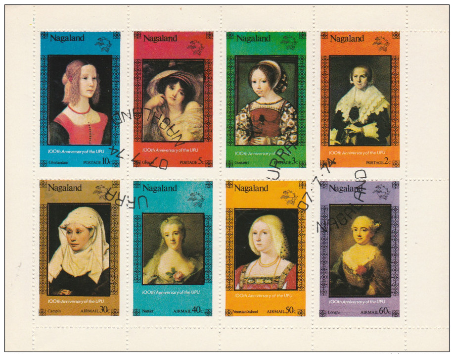 10 FEUILLETS DE 8 TBRES NAGALAND NON COTES, OBLITERES, FLEURS, SPORTS,TABLEAUX, NAPOLEON, VOITURES, FAUNE, VOIR SCAN