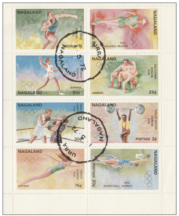 10 FEUILLETS DE 8 TBRES NAGALAND NON COTES, OBLITERES, FLEURS, SPORTS,TABLEAUX, NAPOLEON, VOITURES, FAUNE, VOIR SCAN