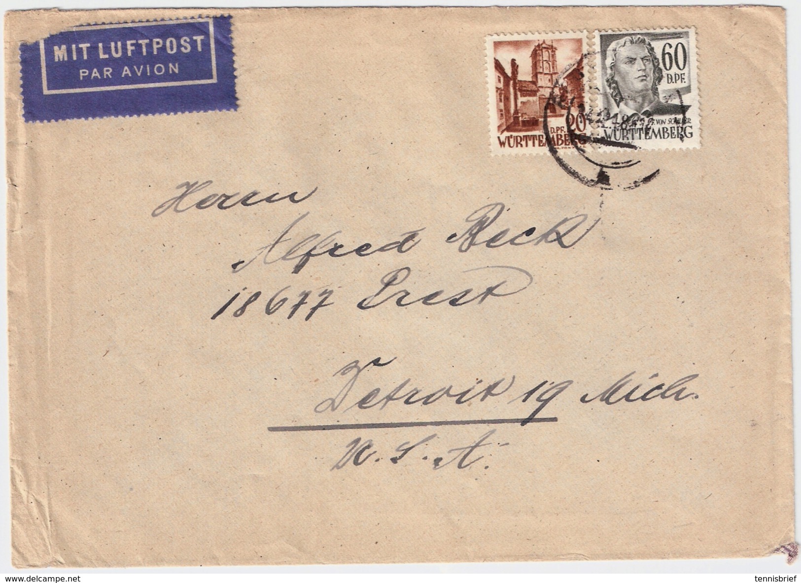 Würrt. Portogerechter Luftpost-Brief, Nach USA , #6052 - Württemberg