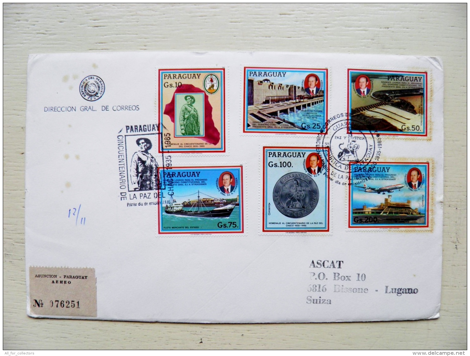 Cover Sent From Paraguay To Suisse Registered 1985 Asuncion Fdc 2 Different Special Cancels Paix Du Chaco Hydro Power - Paraguay