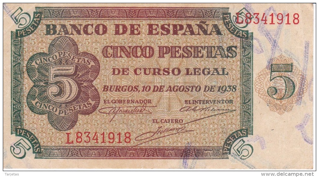 BILLETE DE ESPAÑA DE 5 PTAS DE BURGOS DEL AÑO 1938 SERIE L CALIDAD MBC (BANKNOTE) - 5 Pesetas