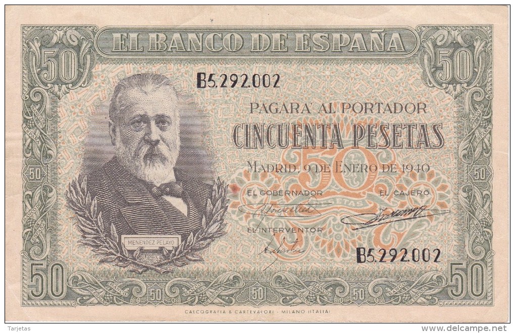 BILLETE DE ESPAÑA DE 50 PTAS DEL 9/01/1940 SERIE B CALIDAD  MBC (VF) (BANKNOTE) - 50 Pesetas