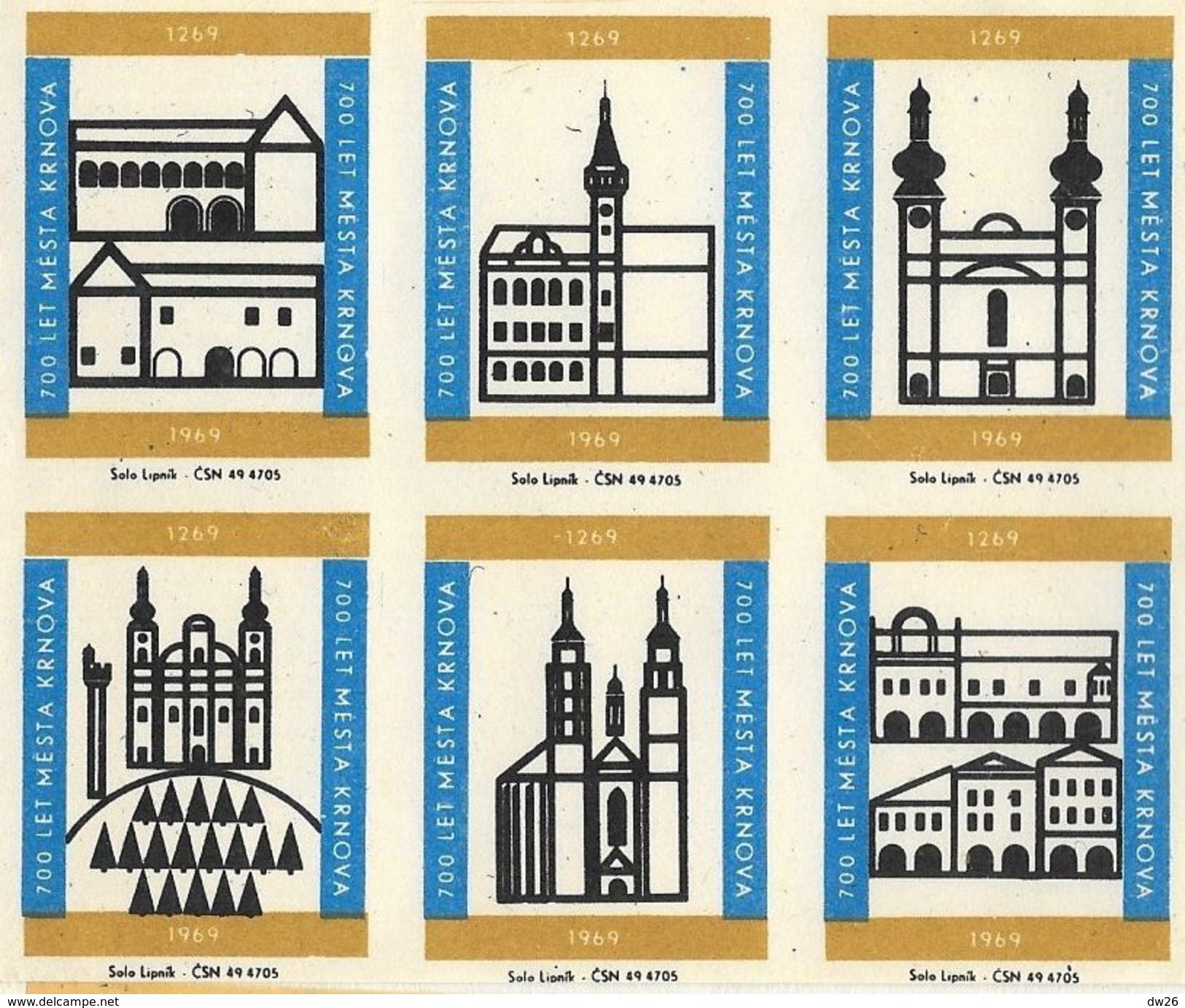 Tchécoslovaquie - Série 6 Etiquettes Boites D'Allumettes (Štítky Matchbox) 700 Let Mesta Krnova 1269-1969 - Solo Lipnik - Matchbox Labels