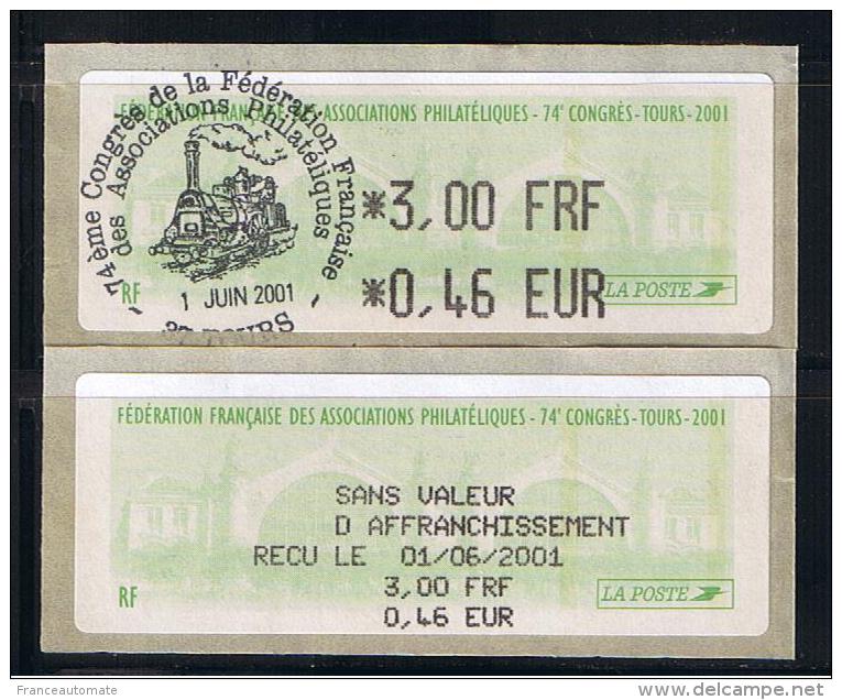 ATM, 3.00 FRF-0.46 EUR, Oblitérée FDC, 74éme CONGRES DE LA FFAP, TOURS, 1er JUIN 2001. - 1999-2009 Viñetas De Franqueo Illustradas