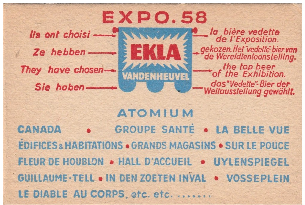 Carte Publicité De Exposition 1958 Sur Bière EKLA ,(brasserie) (carton épais)(cachet Bruxelles EXPO 1 + Griffe Telexpo - Expositions Universelles